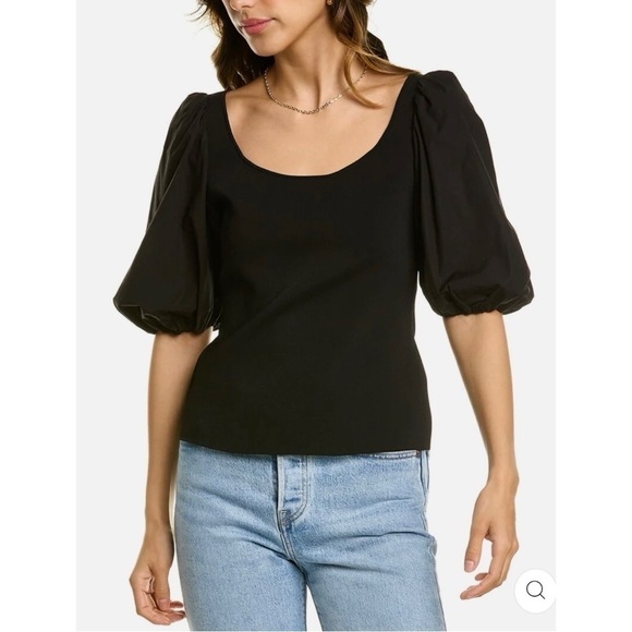 THEORY GLOSSE PUFF SHORT SLEEVE TOP RIBBED STRETCH KNIT SCOOP NECK Size Small - Picture 4 of 11